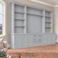 Harrington 5-piece wall unit in Dulux Grey Pail, wide angled view with frosted glass centre doors