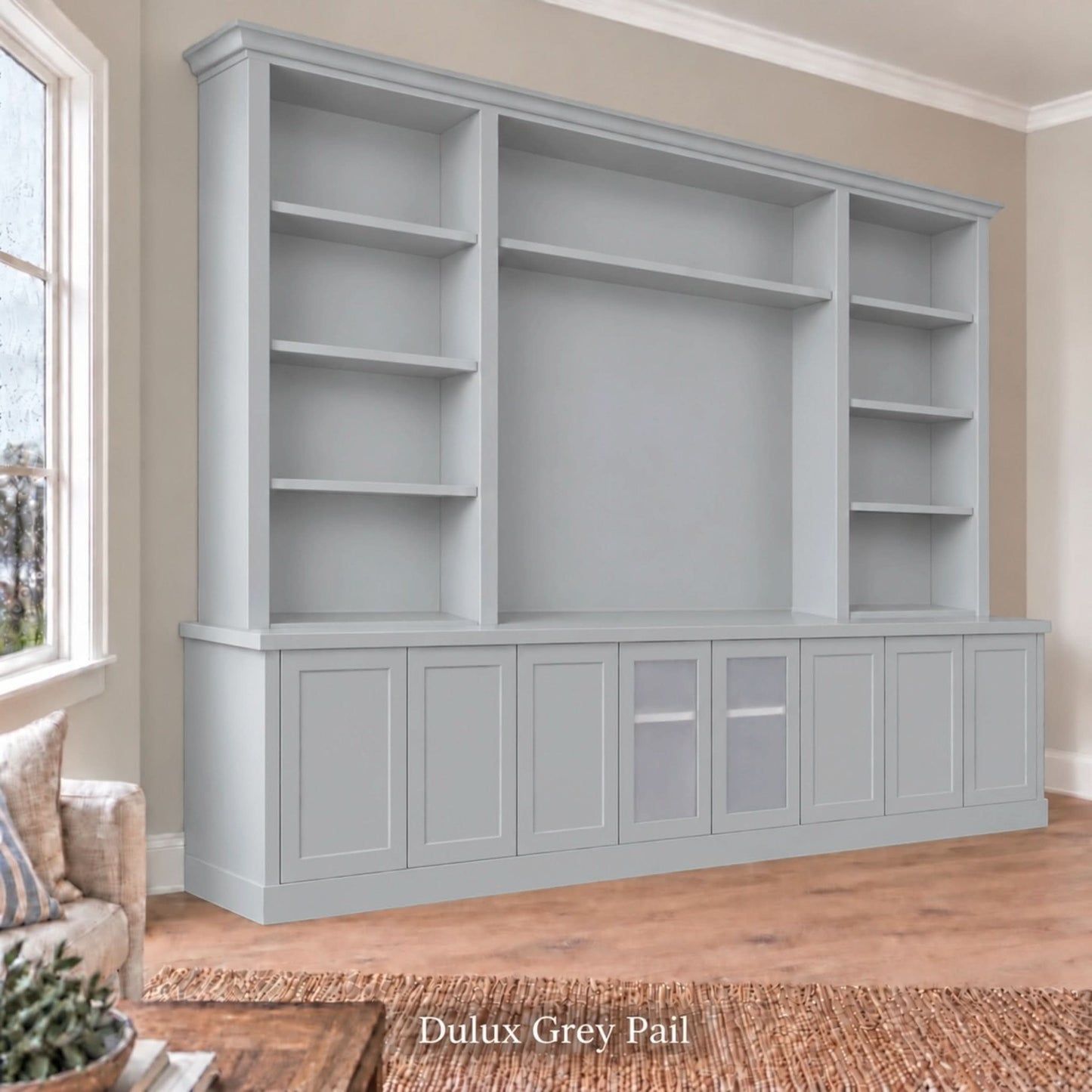 Harrington 5-piece wall unit in Dulux Grey Pail, wide angled view with frosted glass centre doors