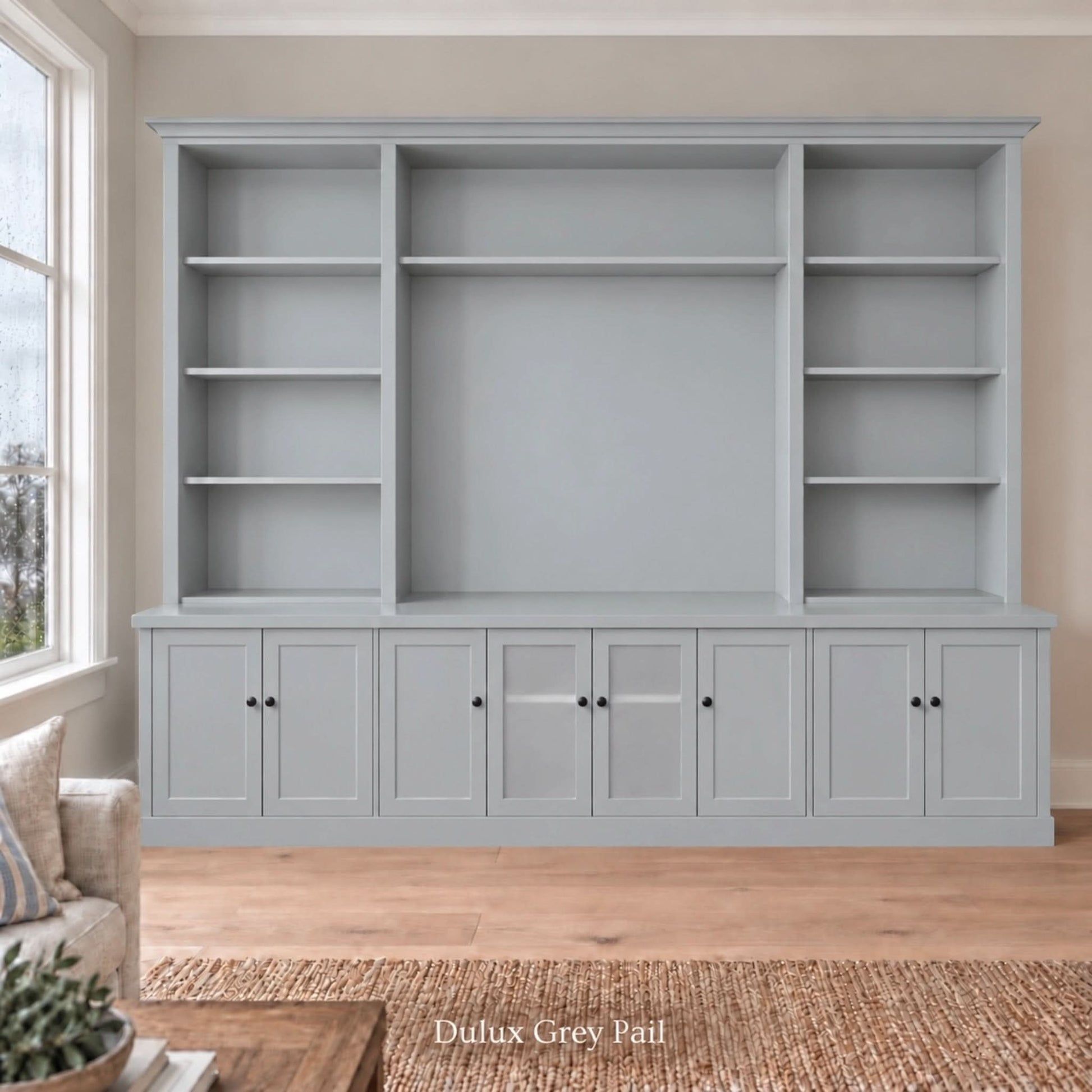 Harrington 5-piece wall unit in Dulux Grey Pail with frosted glass centre doors and knob handles
