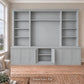 Harrington 5-piece wall unit in Dulux Grey Pail with the centre buffet doors open to show interior storage