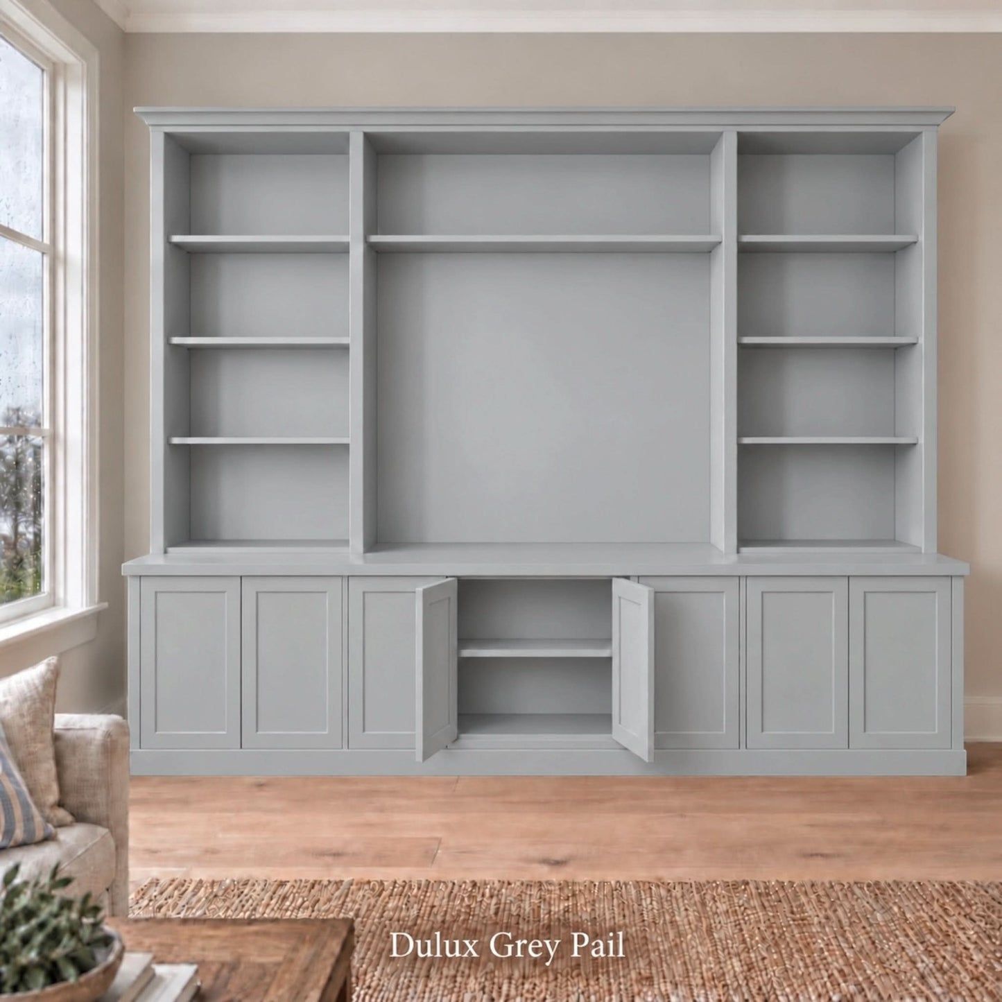 Harrington 5-piece wall unit in Dulux Grey Pail with the centre buffet doors open to show interior storage