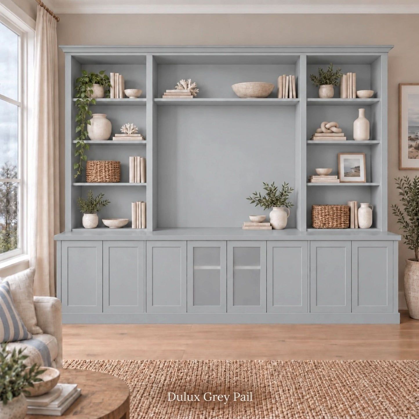 Harrington 5-piece wall unit in Dulux Grey Pail, styled with books, vases and plants, front view with frosted glass centre doors