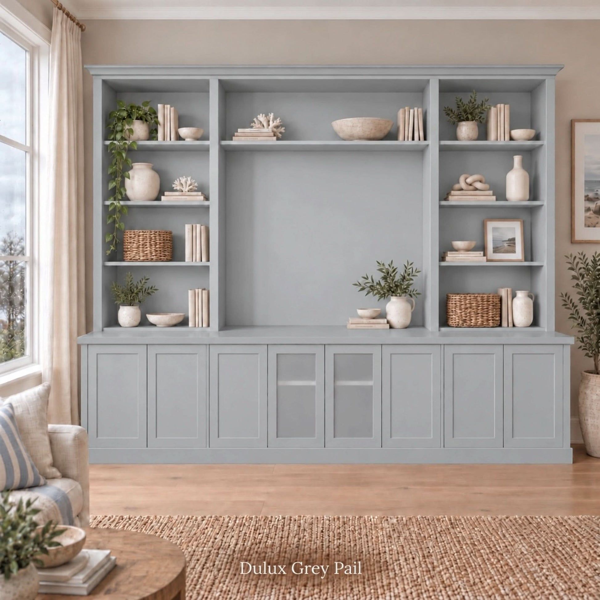 Harrington 5-piece wall unit in Dulux Grey Pail, styled with books, vases and plants, front view with frosted glass centre doors