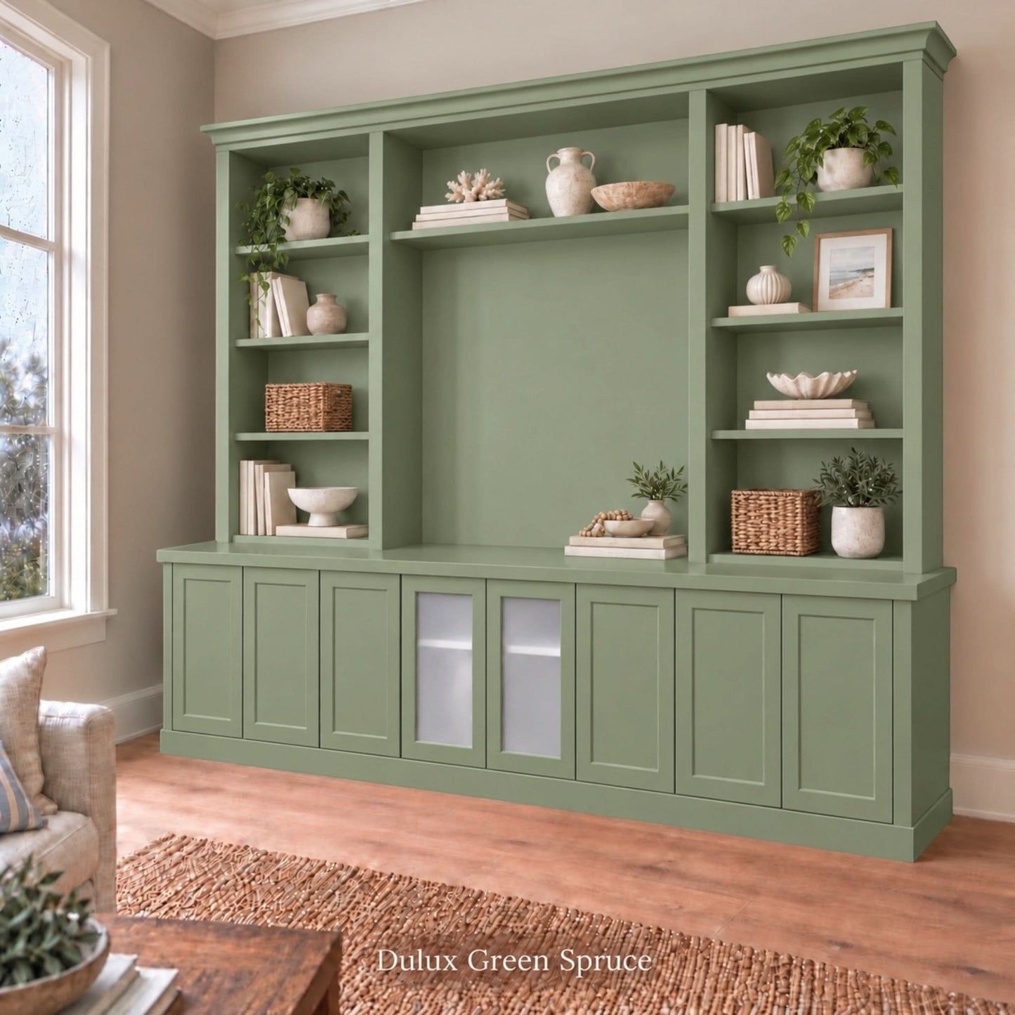 Harrington 5-piece wall unit in Dulux Green Spruce, styled with books, vases and plants, angled view with frosted glass centre doors