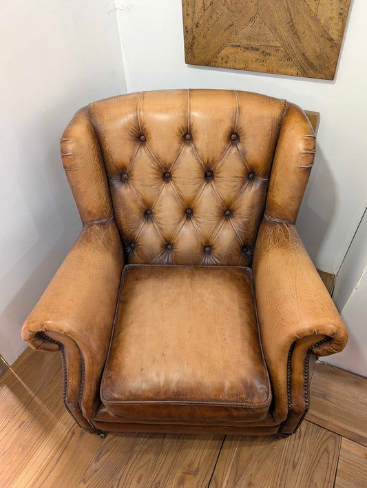 CHAMBERLAIN TOP GRAIN LEATHER ARMCHAIR/LOUNGE CHAIR IN CARAMEL - MyChocolateWood