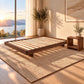 Malanya Bed with Curved Edges & Floating Legs in Walnut, styled in a bedroom, bedside table not included - Chocolate Wood