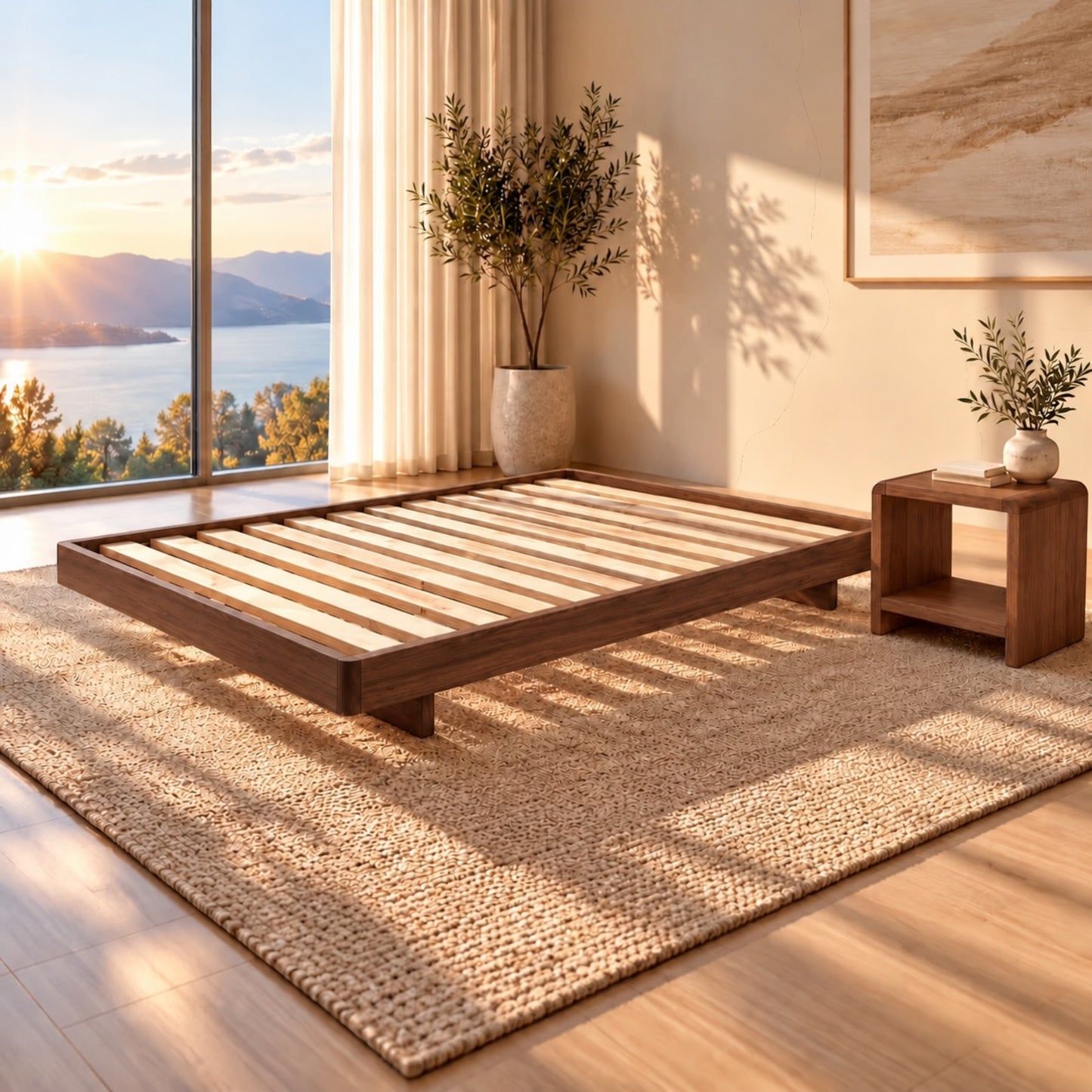 Malanya Bed with Curved Edges & Floating Legs in Walnut, styled in a bedroom, bedside table not included - Chocolate Wood