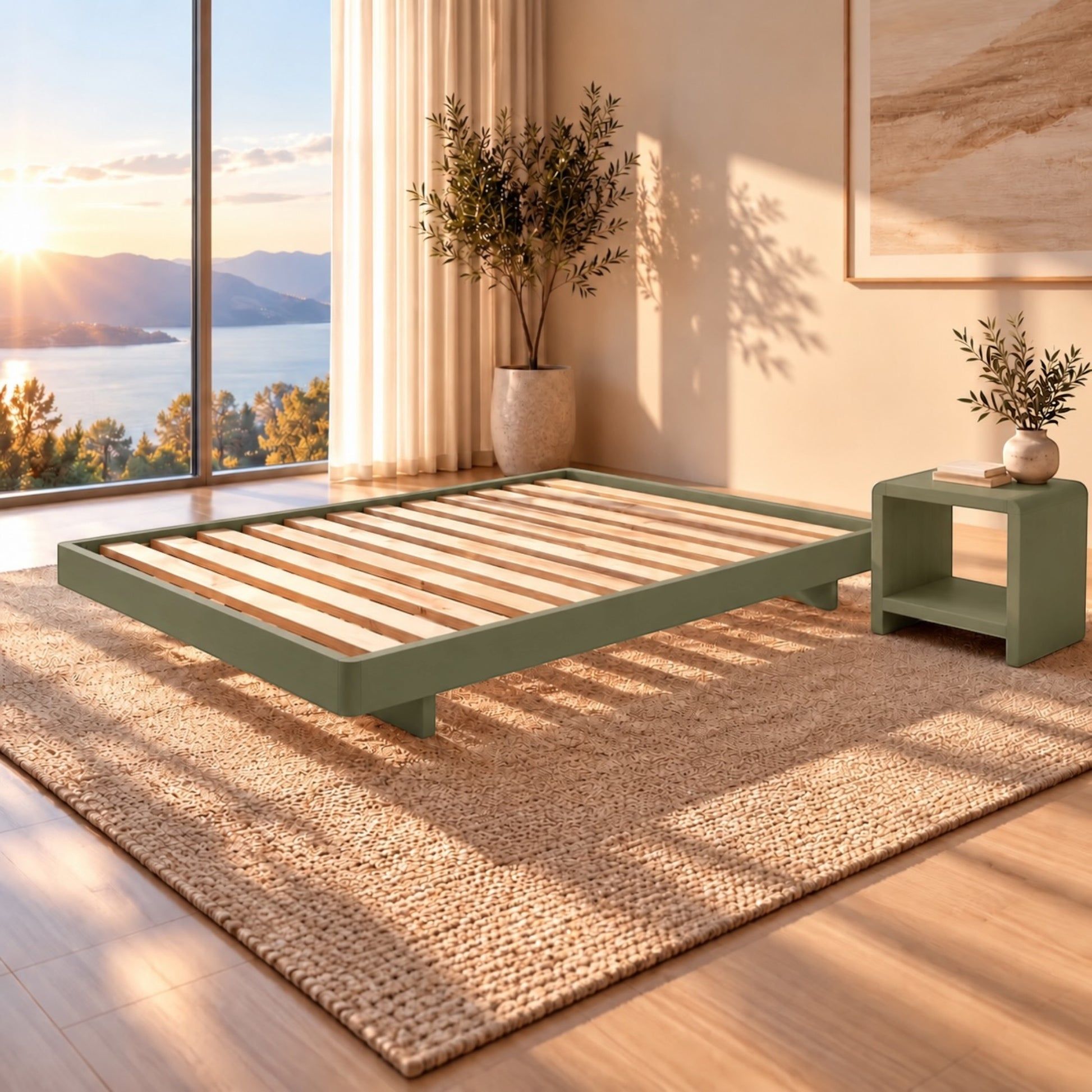 Malanya Bed with Curved Edges & Floating Legs in Sage, styled in a bedroom, bedside table not included - Chocolate Wood