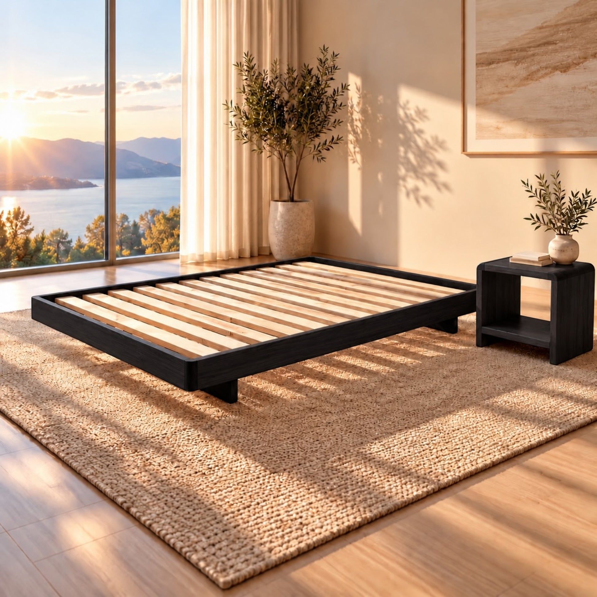 Malanya Bed with Curved Edges & Floating Legs in Black, styled in a bedroom, bedside table not included - Chocolate Wood