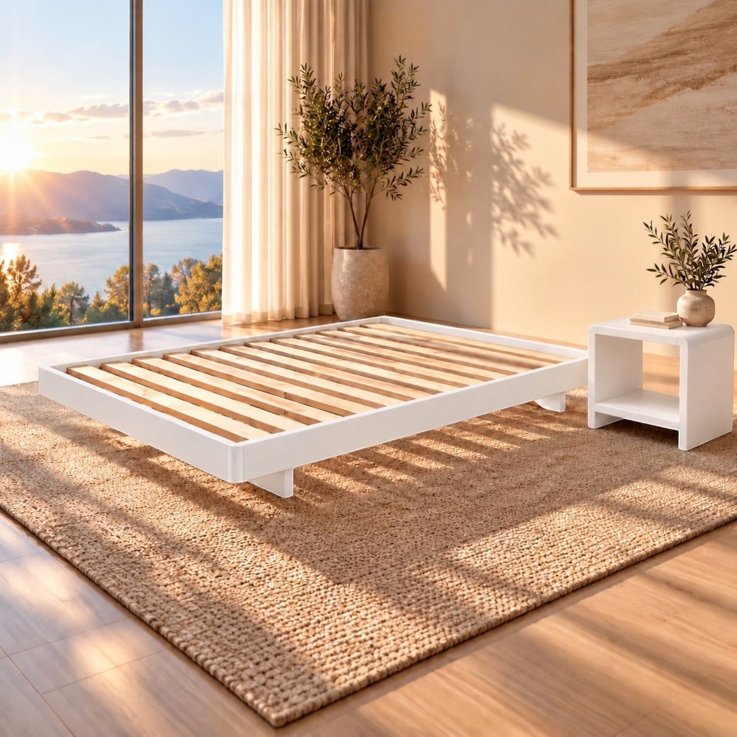 Malanya Bed with Curved Edges & Floating Legs in White, styled in a bedroom, bedside table not included - Chocolate Wood