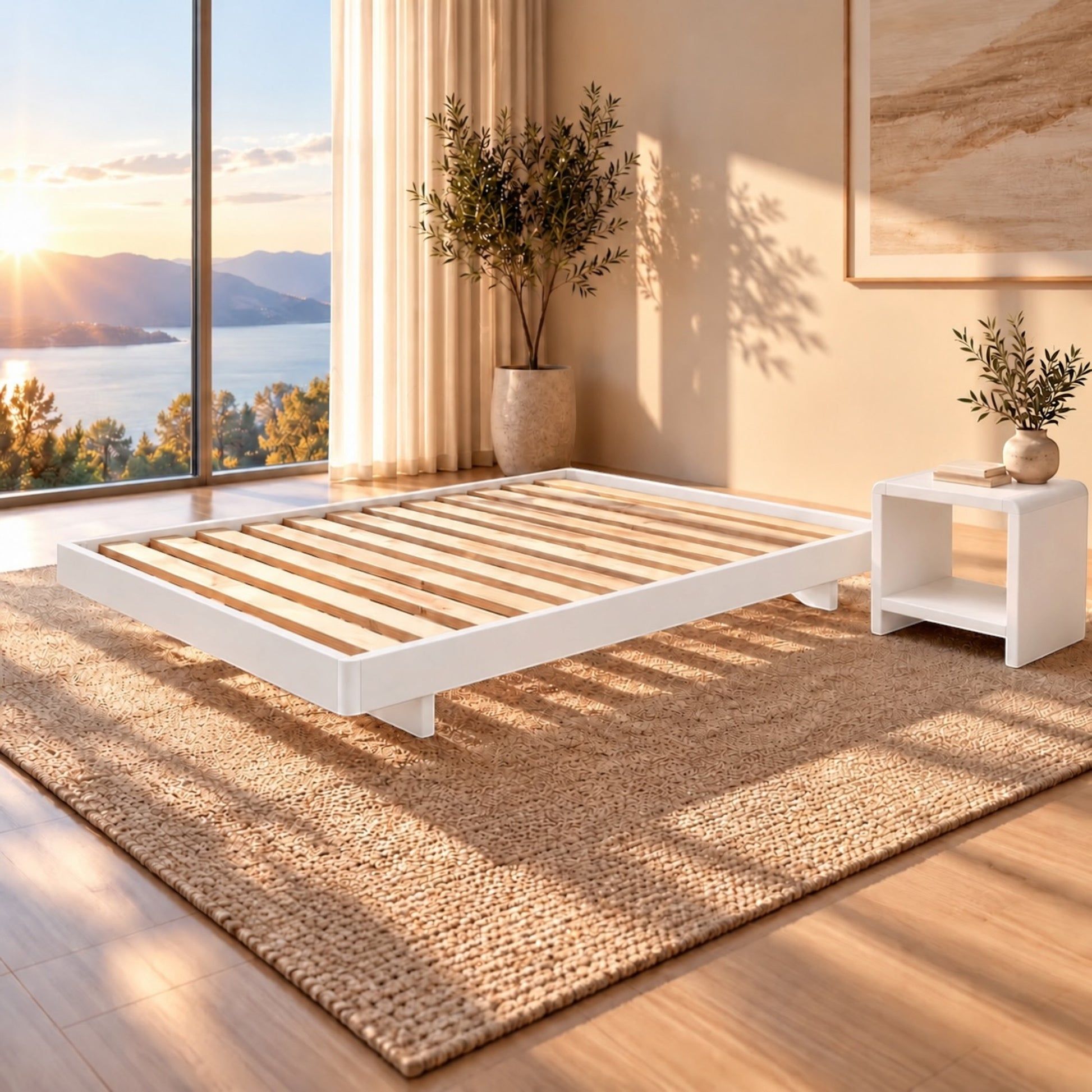 Malanya Bed with Curved Edges & Floating Legs in White, styled in a bedroom, bedside table not included - Chocolate Wood