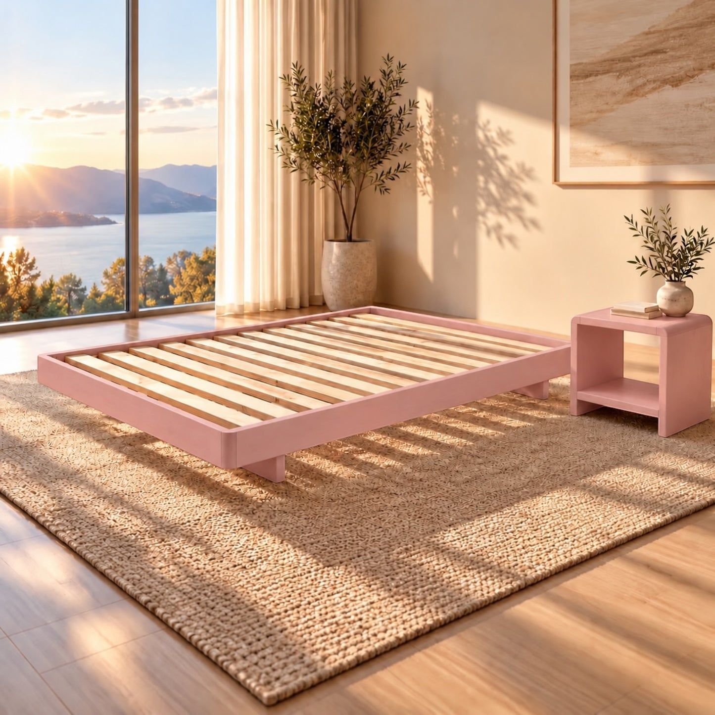 Malanya Bed with Curved Edges & Floating Legs in Blush Pink, styled in a bedroom, bedside table not included - Chocolate Wood