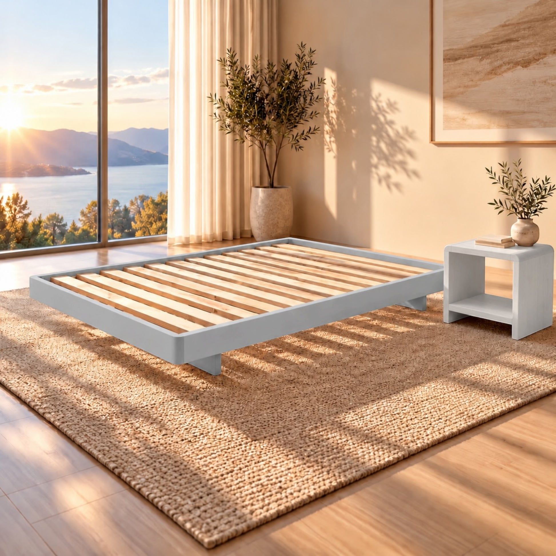Malanya Bed with Curved Edges & Floating Legs in Light Grey, styled in a bedroom, bedside table not included - Chocolate Wood