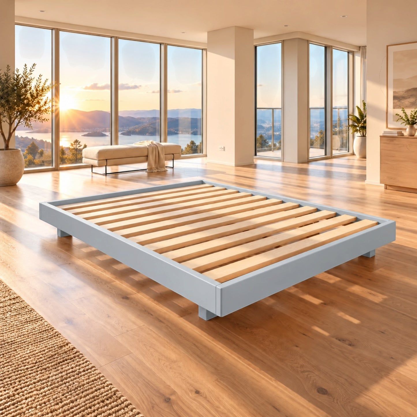 Malanya Bed with Curved Edges & Floating Legs in Light Grey, angled view - Chocolate Wood