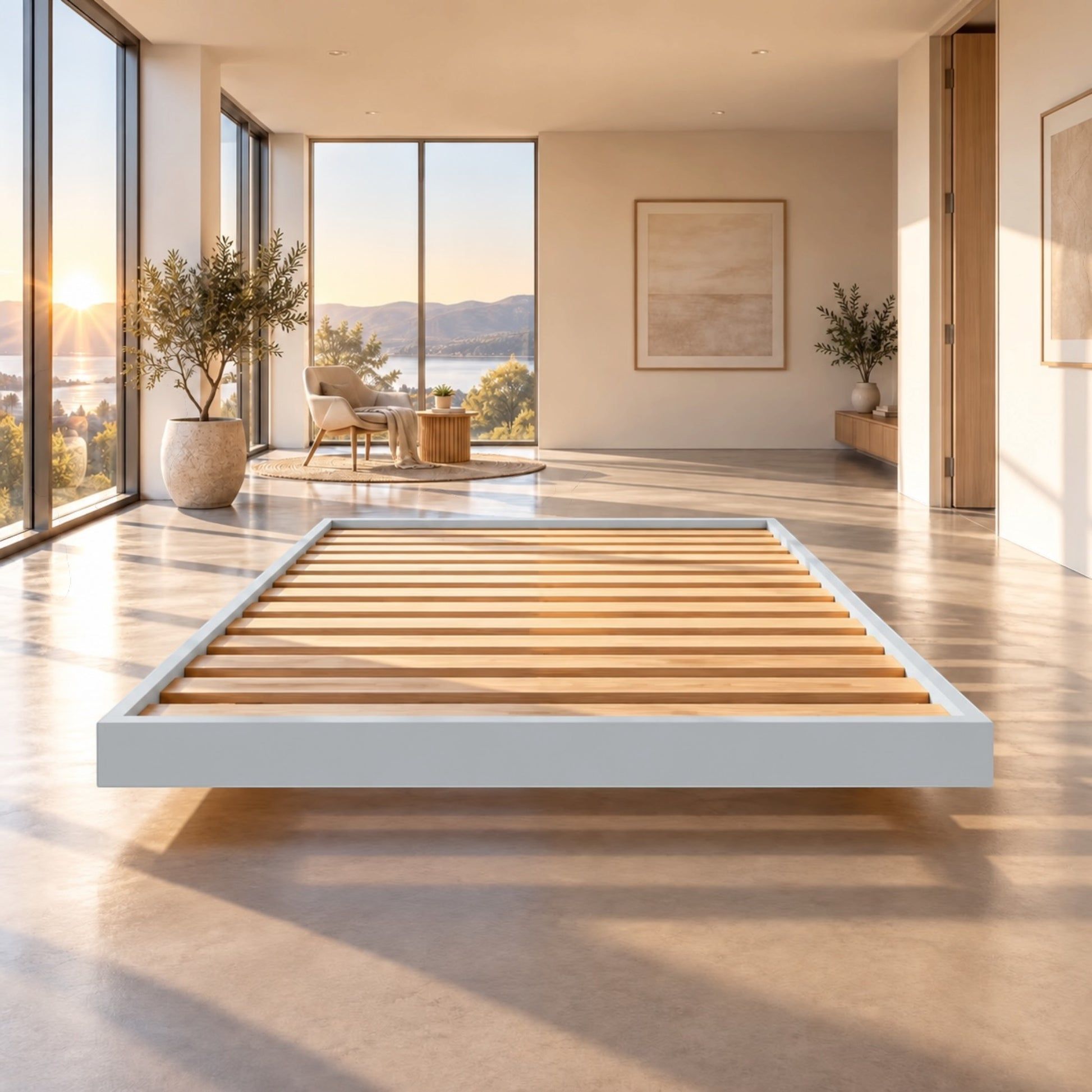Malanya Bed with Curved Edges & Floating Legs in Light Grey - Chocolate Wood
