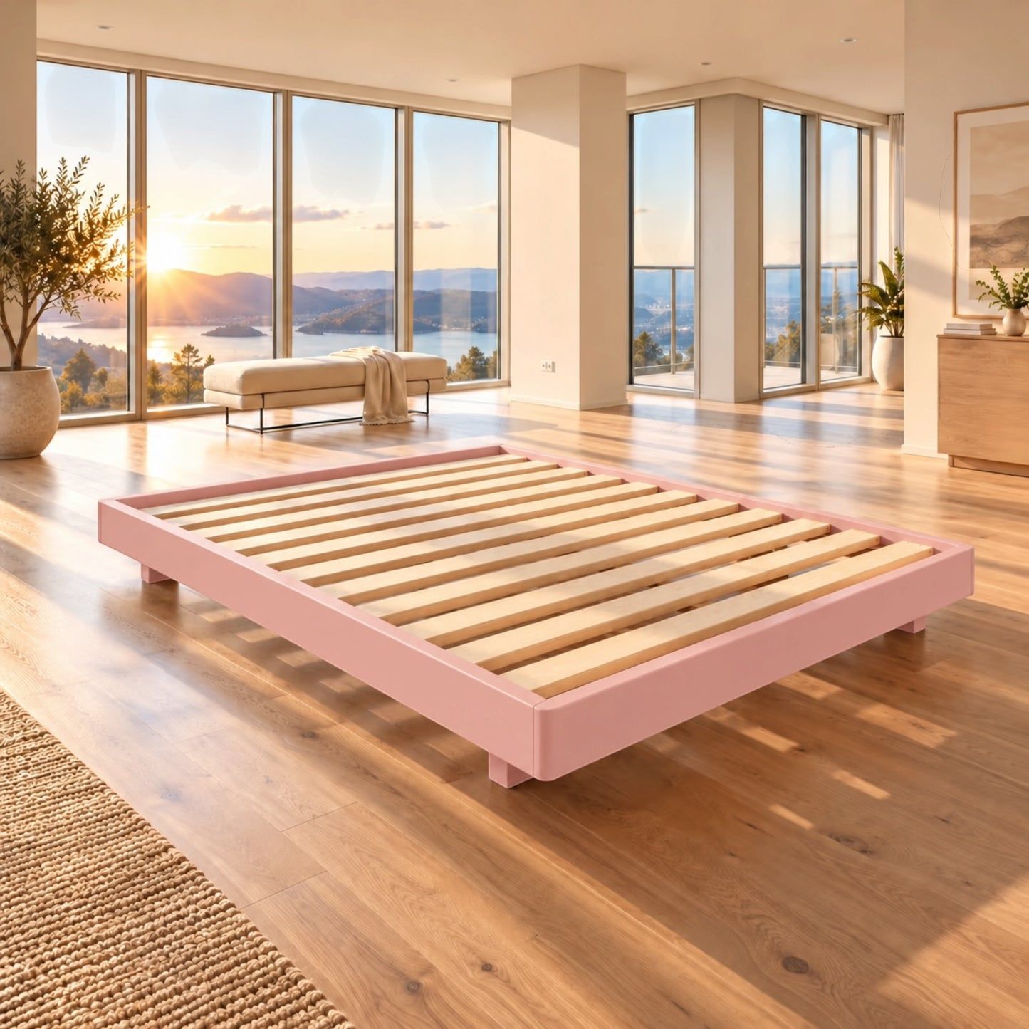 Malanya Bed with Curved Edges & Floating Legs in Blush Pink, angled view - Chocolate Wood