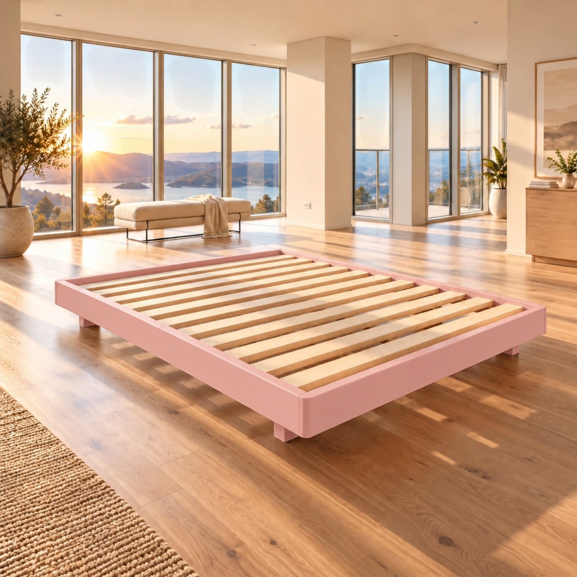 Malanya Bed with Curved Edges & Floating Legs in Blush Pink, angled view - Chocolate Wood