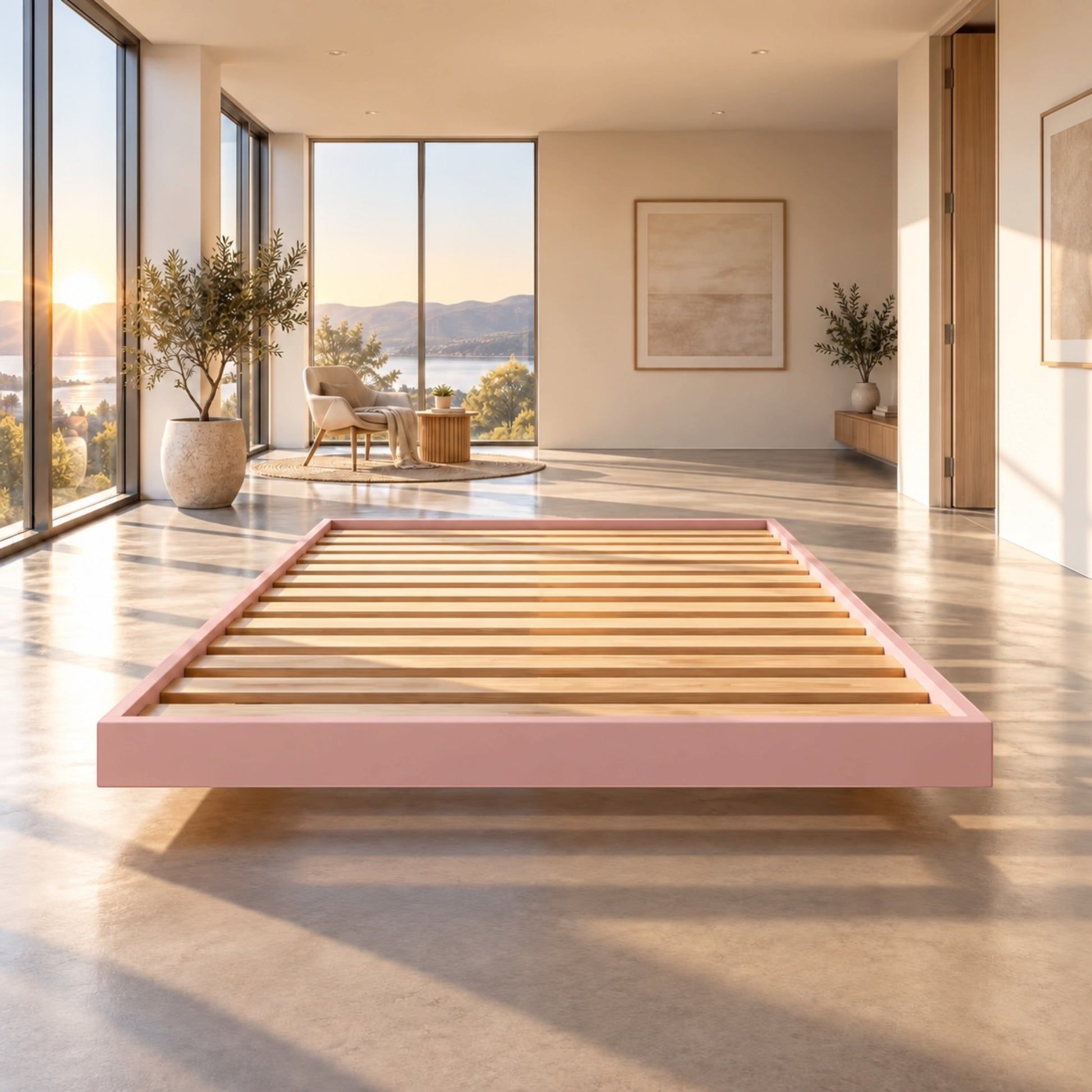 Malanya Bed with Curved Edges & Floating Legs in Blush Pink - Chocolate Wood