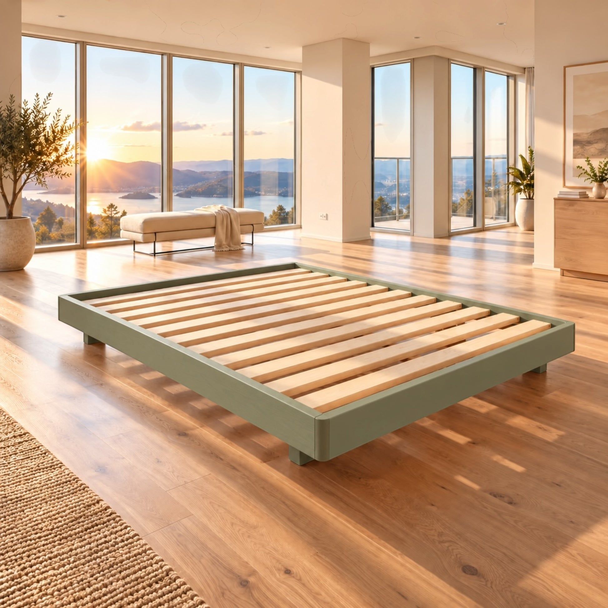 Malanya Bed with Curved Edges & Floating Legs in Sage, angled view - Chocolate Wood