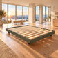 Malanya Bed with Curved Edges & Floating Legs in Olive, angled view - Chocolate Wood