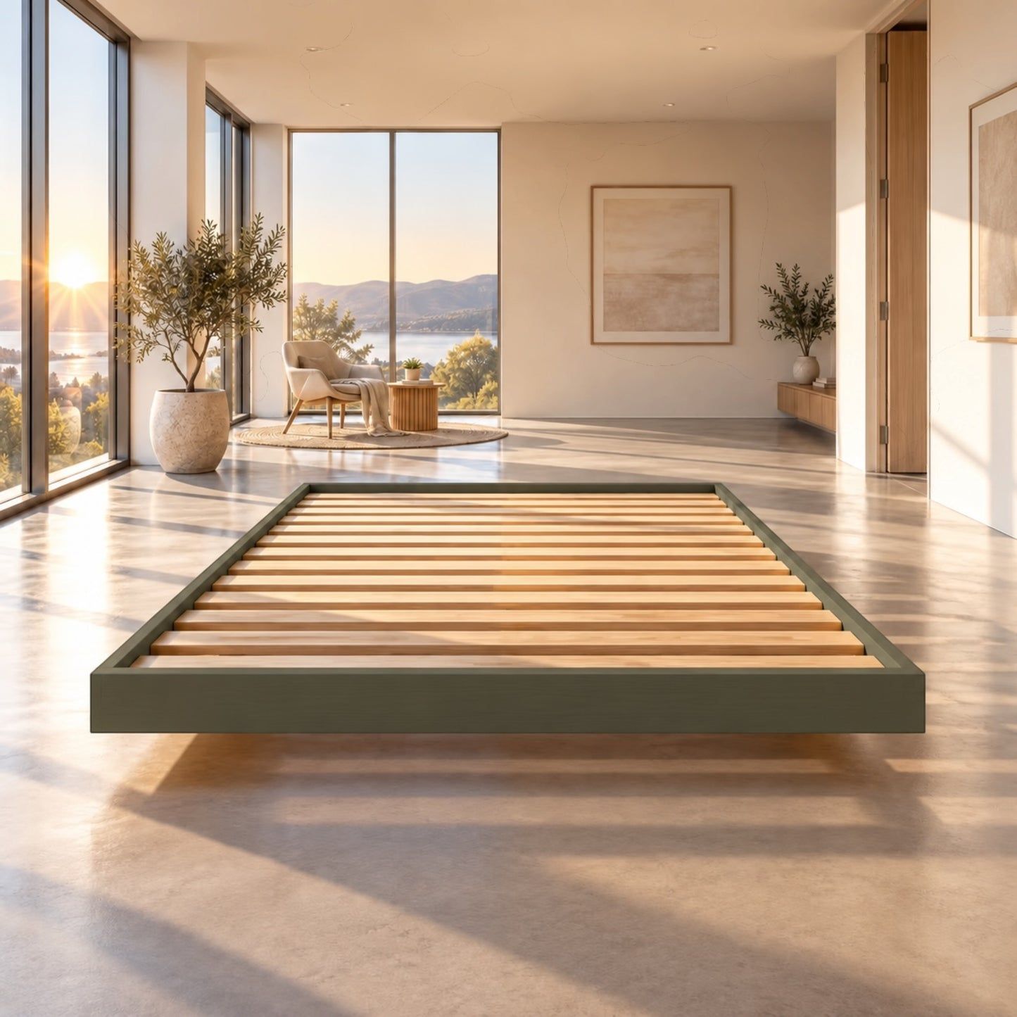 Malanya Bed with Curved Edges & Floating Legs in Olive - Chocolate Wood