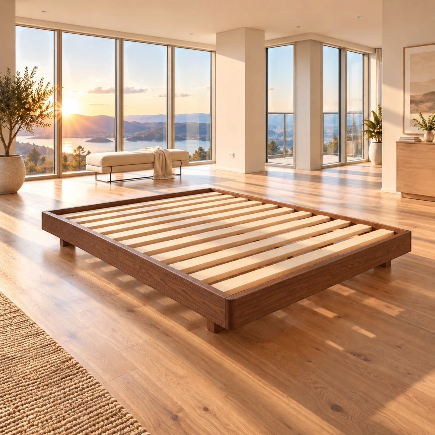 Malanya Bed with Curved Edges & Floating Legs in Walnut, angled view - Chocolate Wood