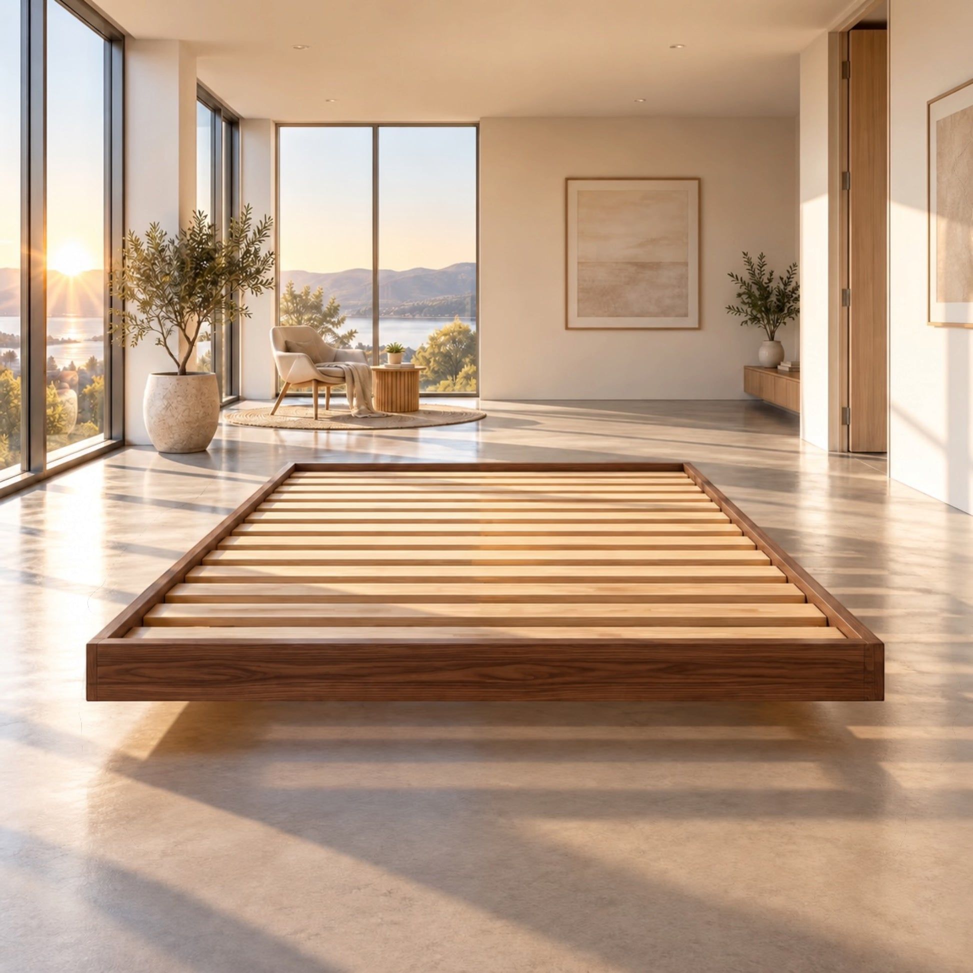 Malanya Bed with Curved Edges & Floating Legs in Walnut - Chocolate Wood