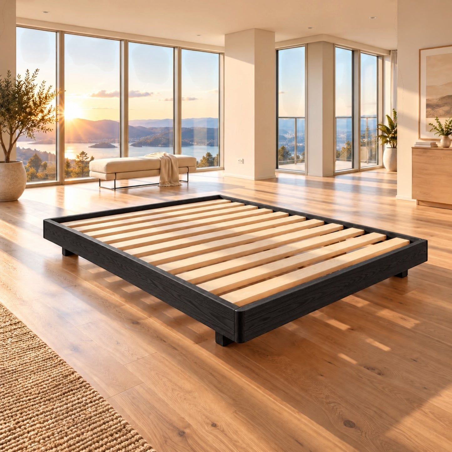 Malanya Bed with Curved Edges & Floating Legs in Black, angled view - Chocolate Wood