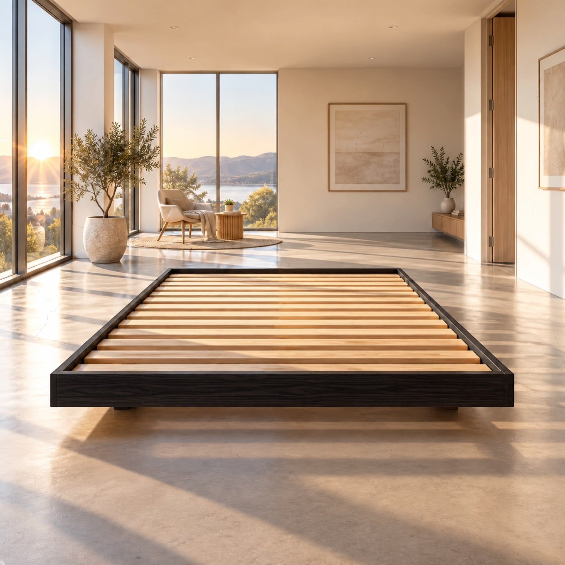 Malanya Bed with Curved Edges & Floating Legs in Black - Chocolate Wood