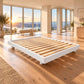 Malanya Bed with Curved Edges & Floating Legs in White, angled view - Chocolate Wood