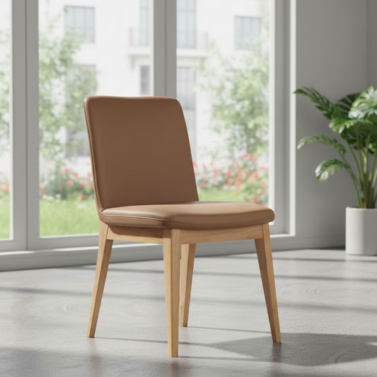 Hardin leather dining chair in cognac and natural tones, featuring a stylish wooden frame and cushioned seat for comfortable dining.