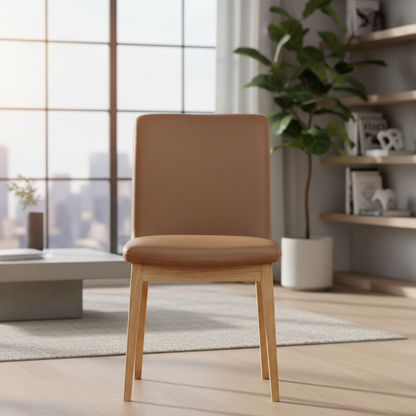 Hardin leather dining chair in cognac and natural wood finish, featuring a modern design with cushioned seat and backrest.