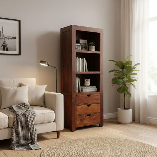 Solid Benato Indian Rosewood bookcase with 3 drawers and 3 shelves, featuring natural wood grain and sturdy design by MyChocolateWood.