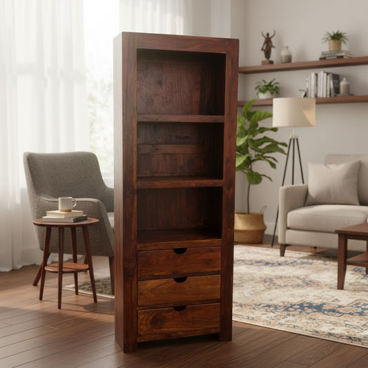 Solid Benato Indian Rosewood bookcase with 3 drawers and 3 shelves, showcasing rich wood grain and craftsmanship.