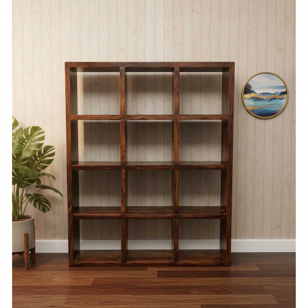 Solid Benato Indian Rosewood 12-cube display unit by MyChocolateWood, showcasing a sleek wooden storage and display piece.