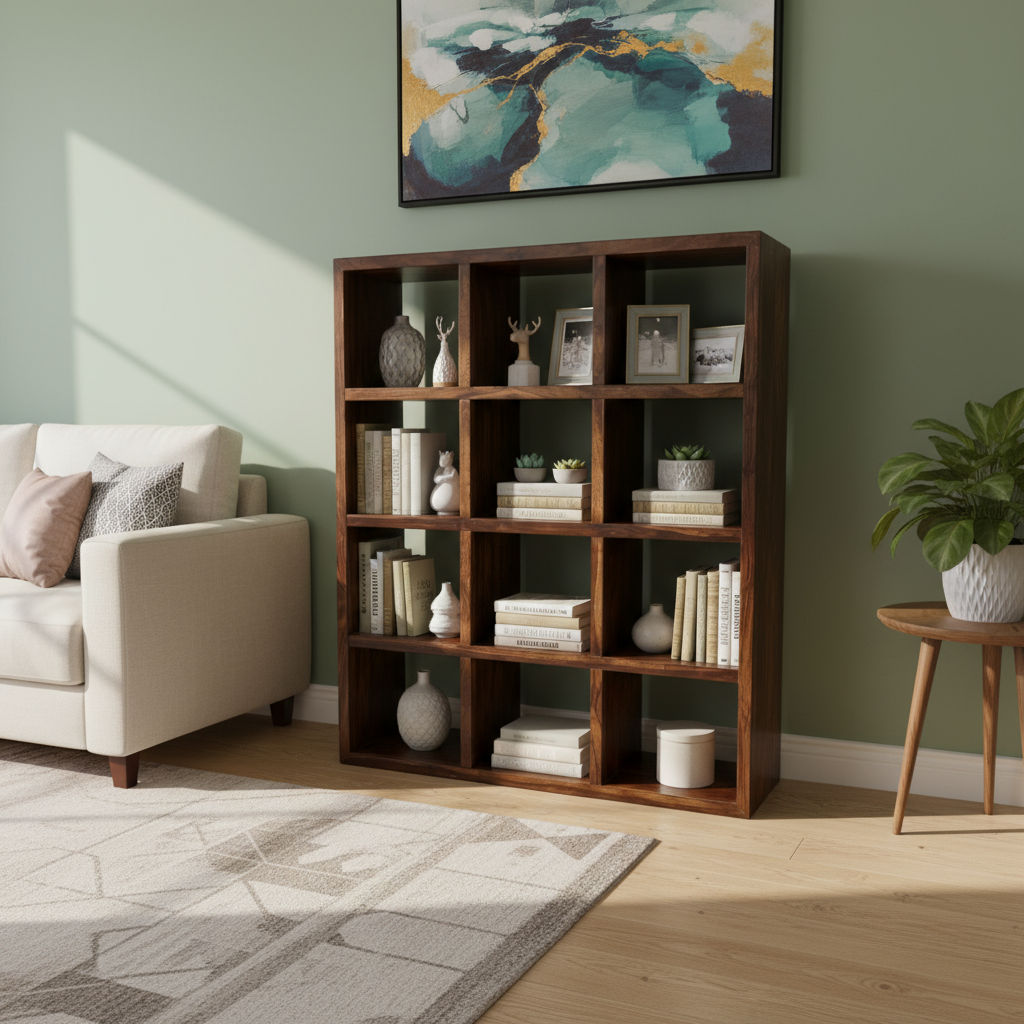 Solid Benato Indian Rosewood 12-cube display unit by MyChocolateWood, showcasing a sleek, natural wood storage and display solution.