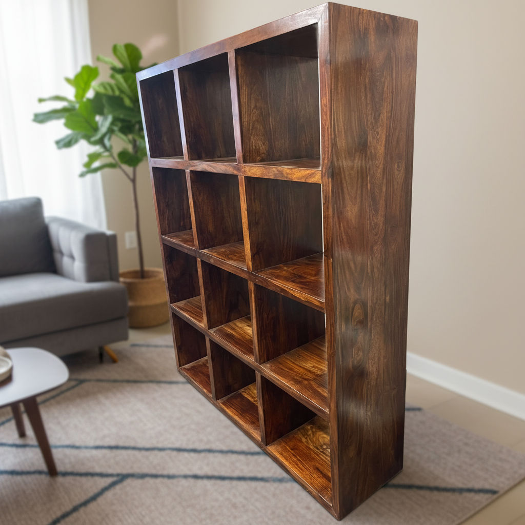 Solid Benato Indian Rosewood 12-cube display unit by MyChocolateWood, showcasing a sturdy, stylish wooden storage piece.
