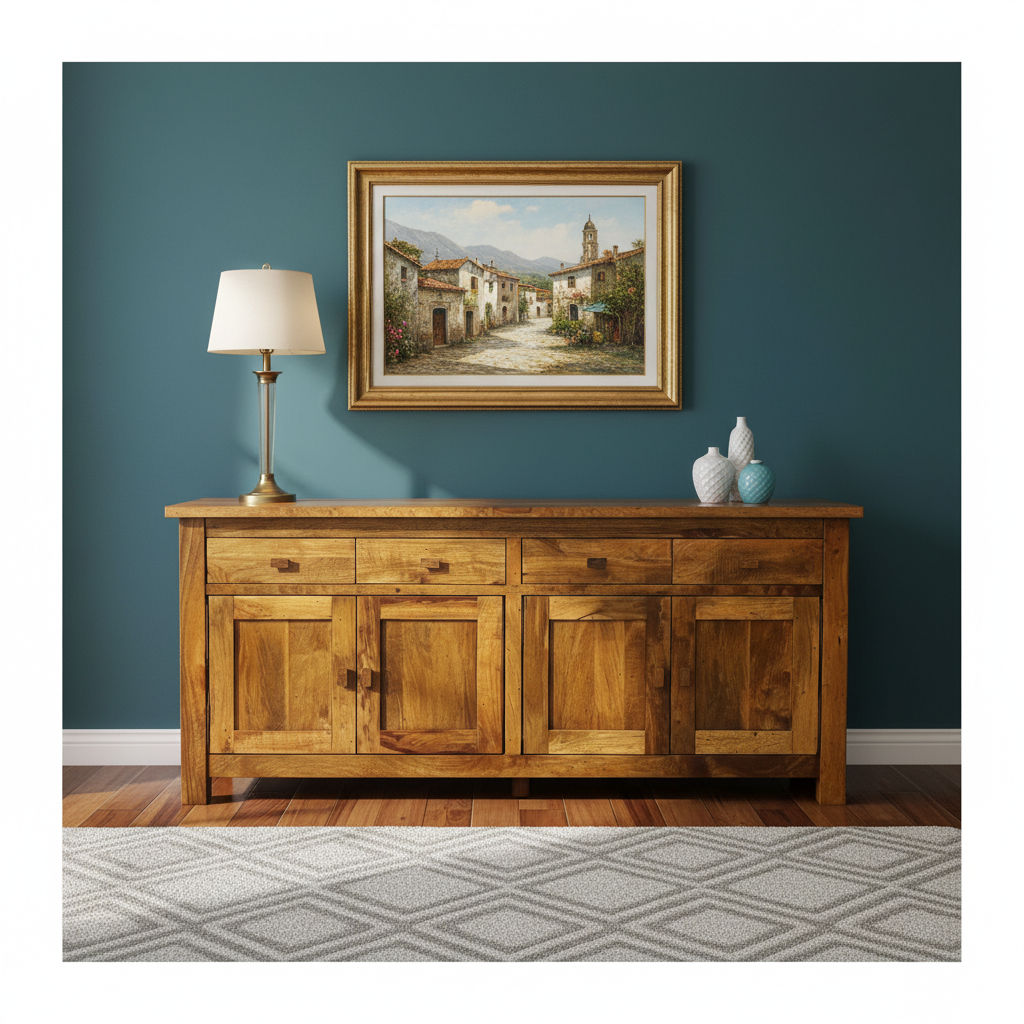 Solid Benato Indian Rosewood buffet with 4 doors and 4 drawers, showcasing rich wood grain and craftsmanship.