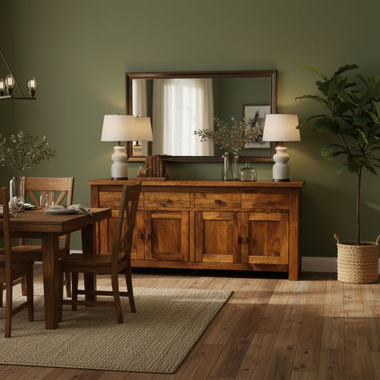 Solid Benato Indian Rosewood buffet with four doors and four drawers, showcasing rich wood grain and craftsmanship.