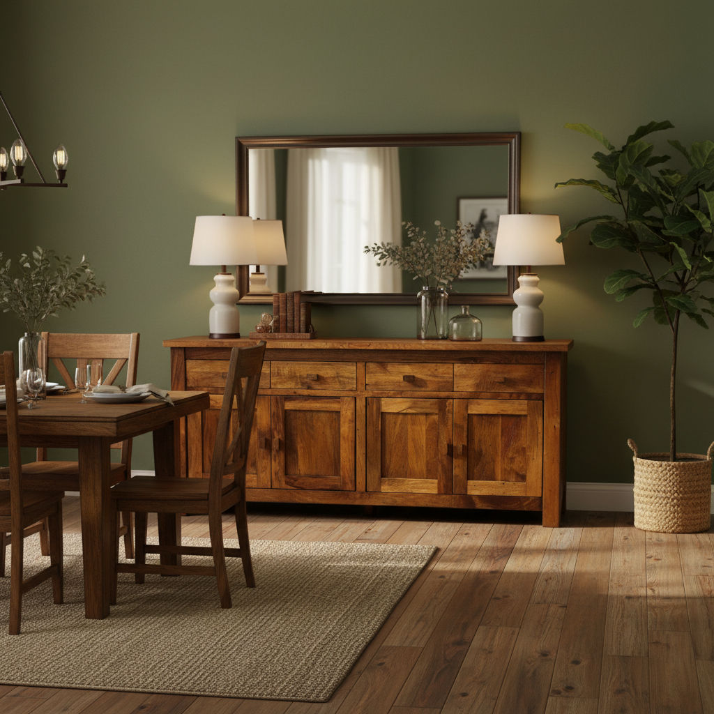 Solid Benato Indian Rosewood buffet with four doors and four drawers, showcasing rich wood grain and craftsmanship.