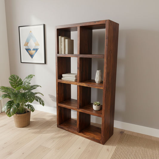 Solid Benato Indian Rosewood 8-cube display unit by MyChocolateWood, showcasing a sleek wooden storage cube with natural grain.