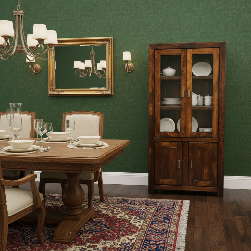 Solid Benato Indian Rosewood display cabinet with four glass doors, showcasing elegant craftsmanship and natural wood finish.