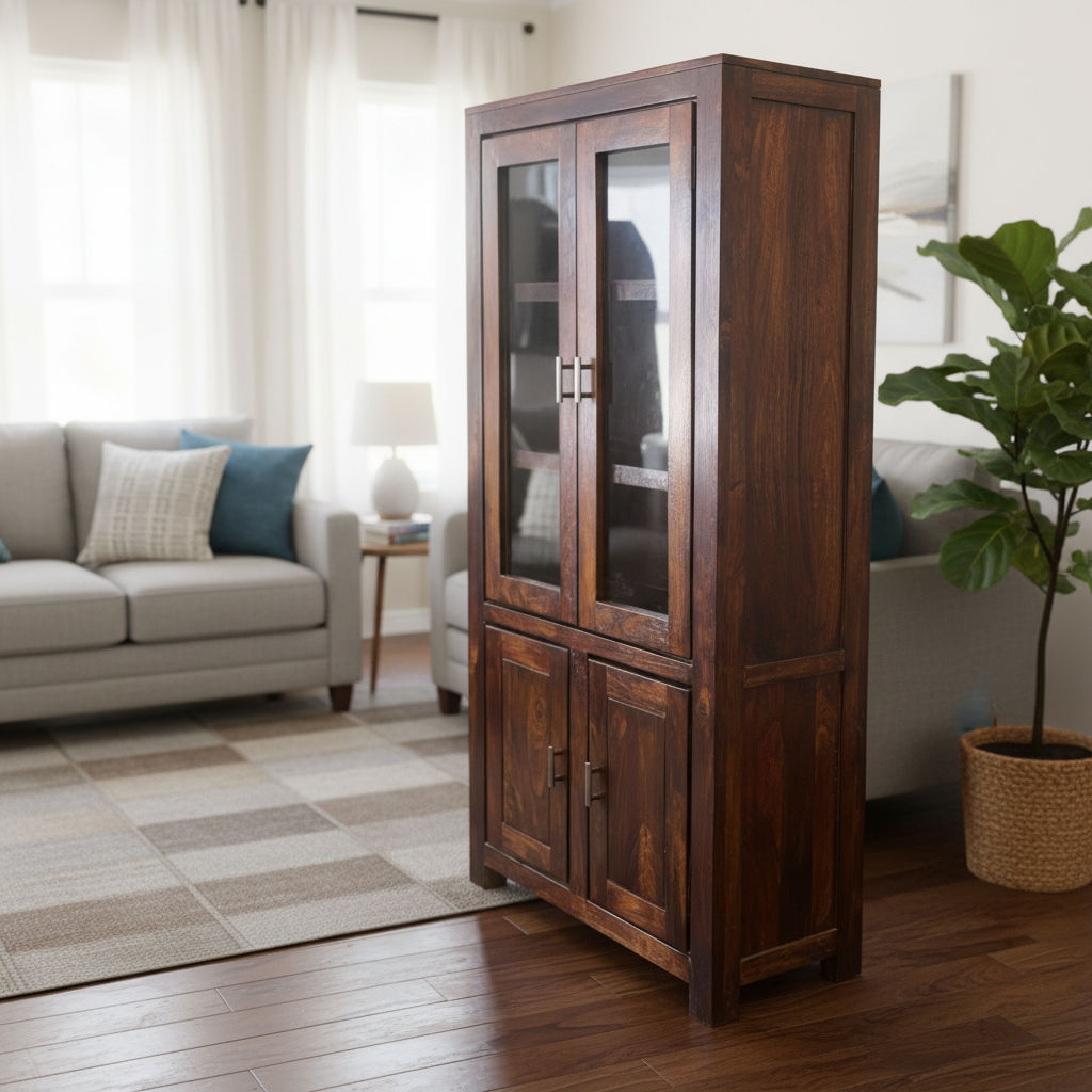 Solid Benato Indian Rosewood display cabinet with four glass doors, showcasing elegant craftsmanship and natural wood grain.