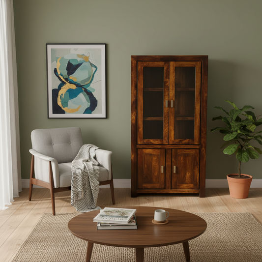 Solid Benato Indian Rosewood display cabinet with four glass doors, showcasing elegant craftsmanship and spacious storage.