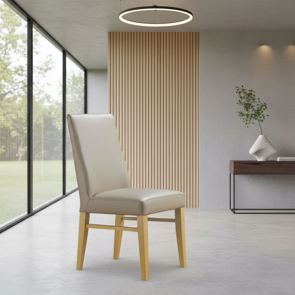 Teri Top Grain Leather Dining Chair in Light Mocha with Wheat legs