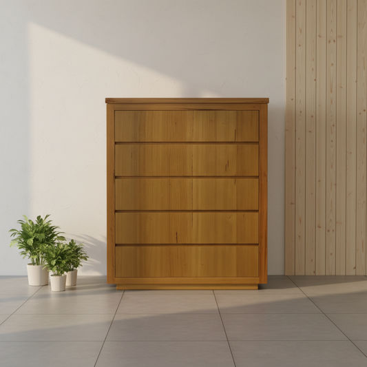 VALANCE MESSMATE TALLBOY/5 DRAWER CHEST OF DRAWERS IN CLEAR LACQUER - MyChocolateWood