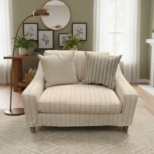 ALBERTO 1.5-SEATER XL HAMPTON STYLE ARMCHAIR SOLID PINE & HARDWOOD FRAME IN CALANTINO STRIPE 125CM - MyChocolateWood