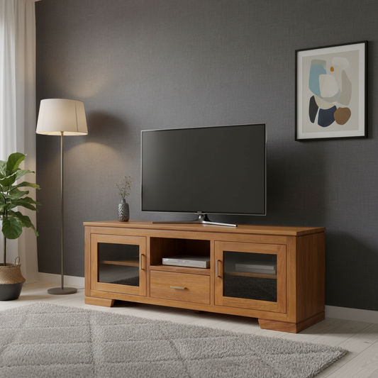 ALDO SOLID BLACKWOOD TV UNIT WITH 1 DRAWER & 2 GLASS DOORS
