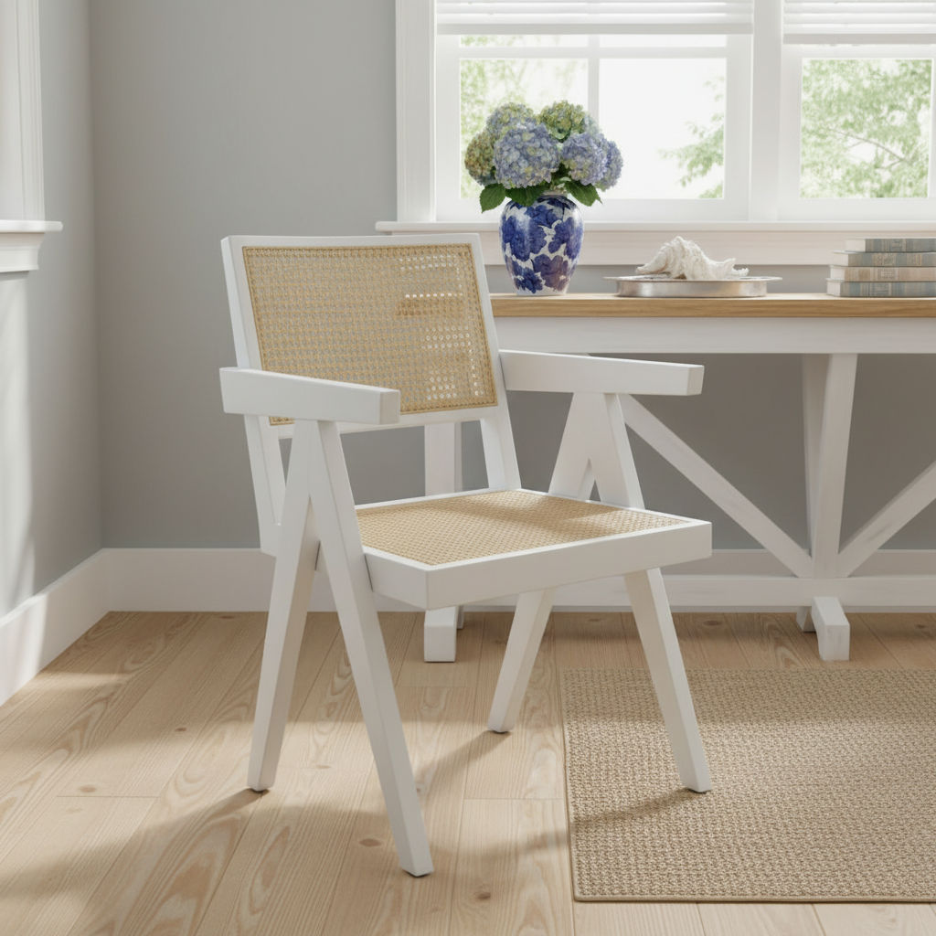 BELVIL RECYCLED ELM/ RATTAN CHAIR HAMPTON ARMCHAIR IN RUBBED DOWN WHITE - MyChocolateWood