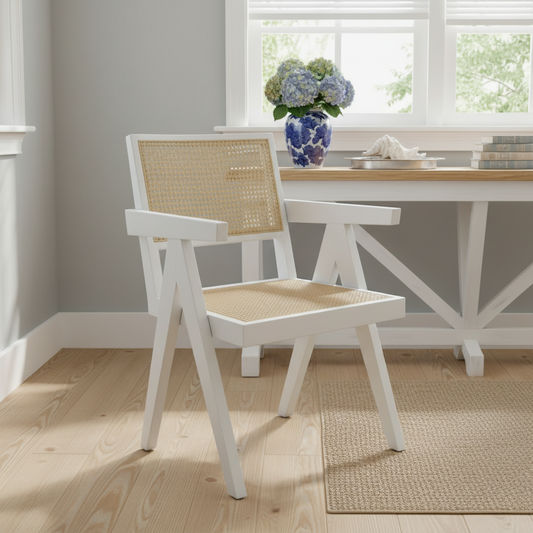 BELVIL RECYCLED ELM/ RATTAN CHAIR HAMPTON ARMCHAIR IN RUBBED DOWN WHITE